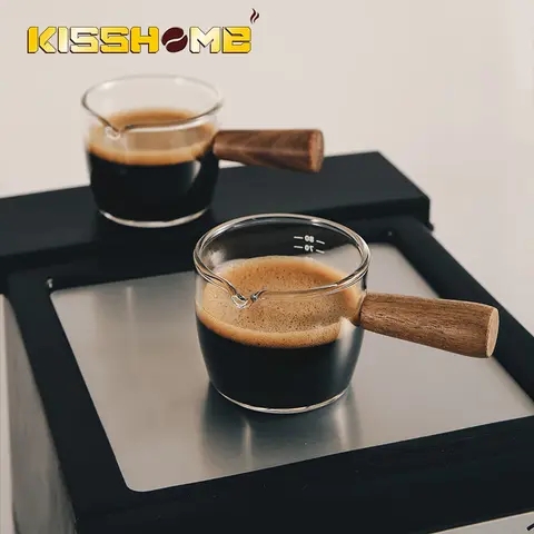 Espresso Measuring Cup Wood Handle Glass Single Double Mouth Milk Jug Coffee Supplies Kitchen Measure Mug Barista Accessories