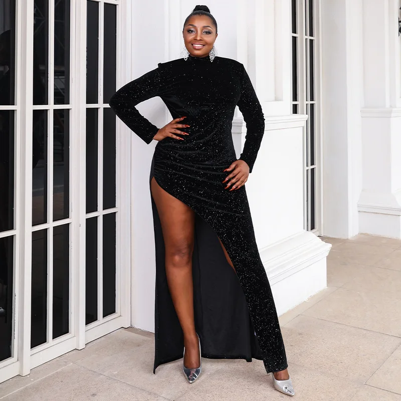 

Plus Size Evening Dresses African Sheath Long Sleeves Sequins Slit Black Long Turkey Dubai Saudi Evening Gown Prom Dresses