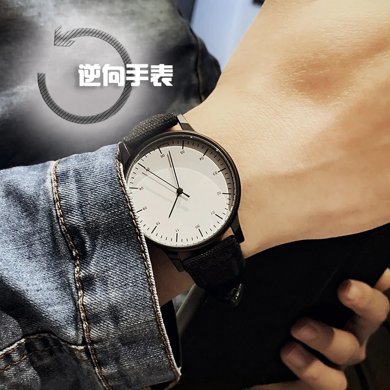 gift Enmex backward men wristwatch creative anticlockwise watch reversal time simple style canvas strap fashion watch