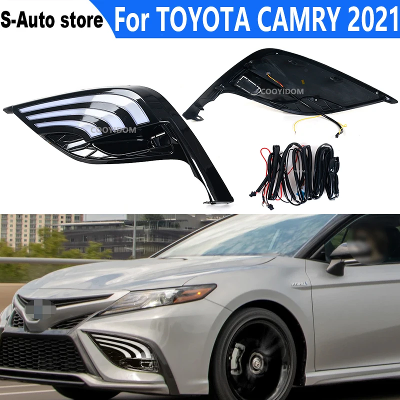 1 Pair Dynamic LED DRL Headlight For Toyota CAMRY 2021 Front Bumper Driving Fog Lamp LED Fog lights Cover Grill Bezel