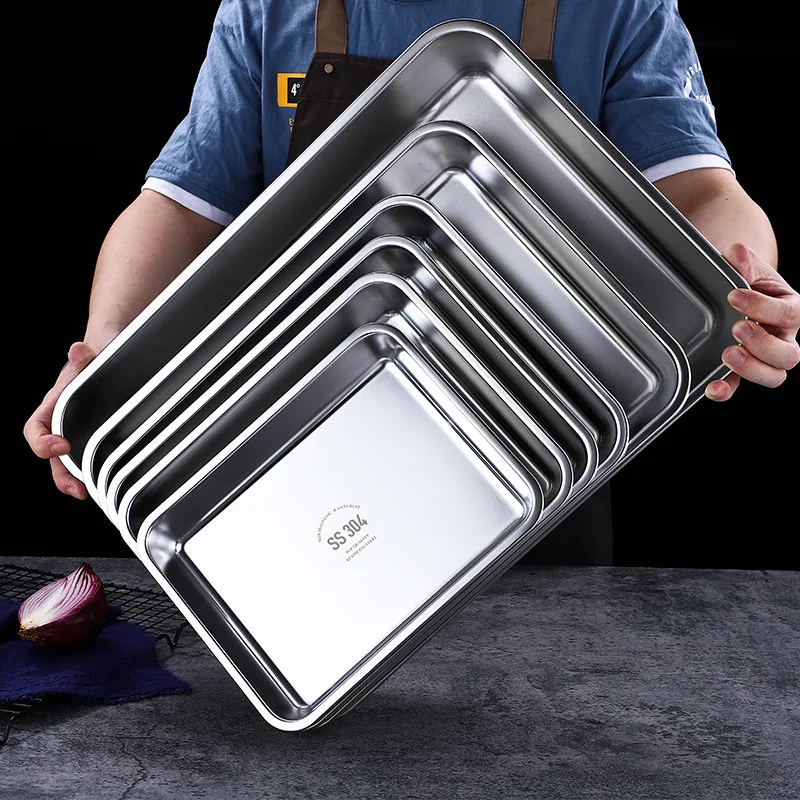 Durable 304 Stainless Steel Food Storage Tray Rectangle Pan Buffet Plates Cake Bread Bakeware Kitchen Organizer Dish