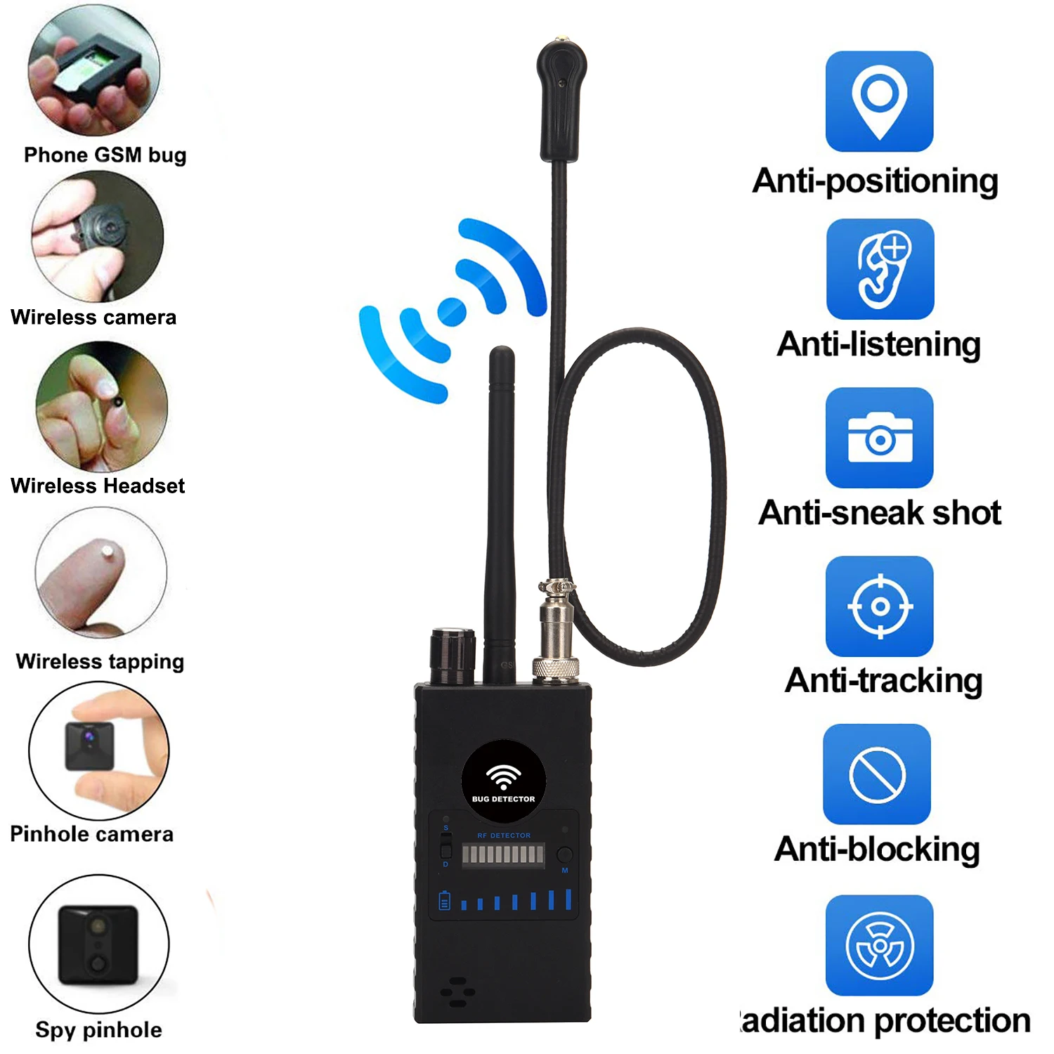 Dual Antenna Anti Spy Hidden Camera Detector Wireless RF Signal Detect GSM Audio Bug Finder GPS Magnet Tracker Scanner 1MHz-8GHz