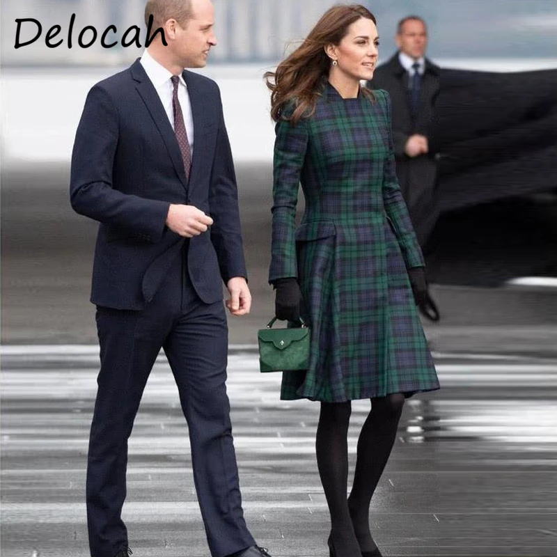 Delocah ใหม่ฤดูใบไม้ร่วงแฟชั่นสำหรับผู้หญิง Designer Party Midi Dress Princess Kate แขนยาวลายสก๊อตพิมพ์สุภาพสตรี Elegant A-Line Dresses