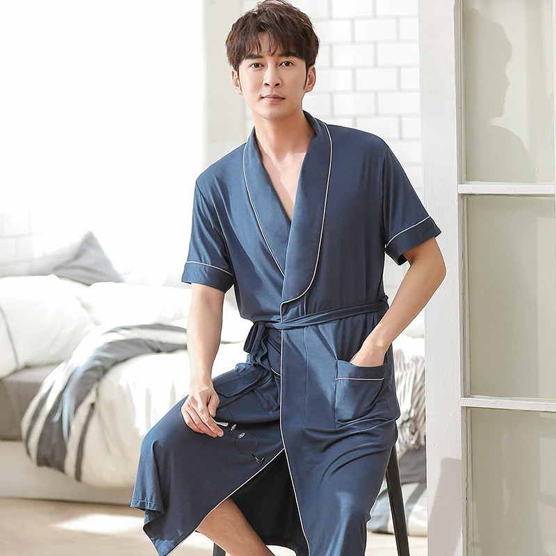 

2024 Summer Bathrobe Men Soft Modal Sleep Top Kimono Robes For Male Solid Color Robes Long Bath Robe Bride Robe Dressing Gown