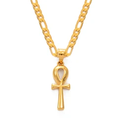 Anniyo 2.5CM Egyptian Cross Pendant Ankh Necklace Women Men Gold Color African Charm Jewelry Egypt Hieroglyphs Nile Key #057006B