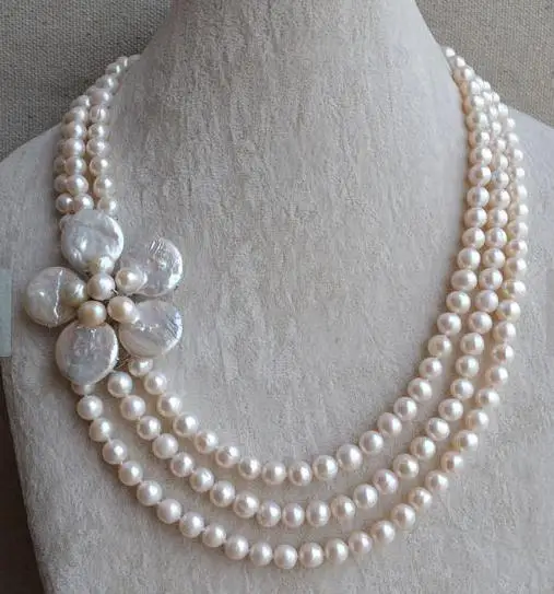 Classic Favorite Pearl Wedding Flower Necklace Triple Row 7-8mm White Round Freshwater Pearl Necklace Handmade Women Gift