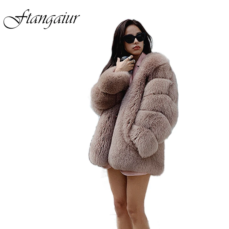 Ftangaiur Winter Winter Women Import Fox Fur Coat Long Sleeve Fox Coat V-Neck Slim Soft Striped Women's Medium Fox Fur Coats