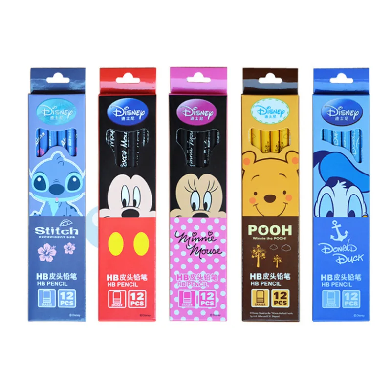 12pcs Disney Mickey Minnie Pencil Cute Student Pencil Sketch Writing HB Pencil With Eraser Children's School Supplies Gift Award