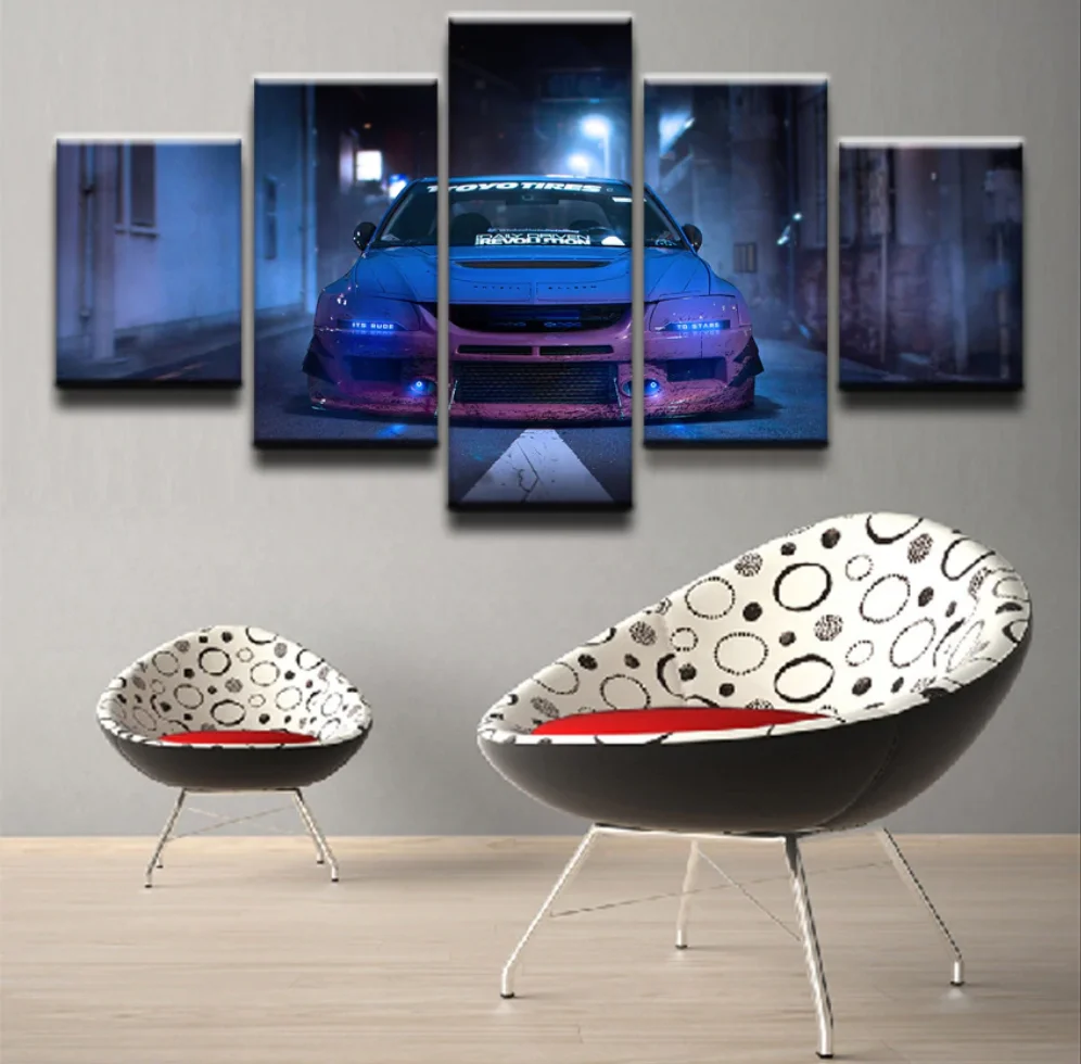 

Blue Car Lancer Evolution Vehi 5 Panel Canvas Picture Print Wall Art Canvas Painting Wall Decor for Living Room Poster No Framed