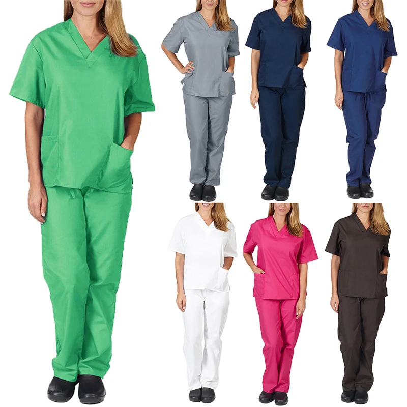 Two Piece Set Solid Color Scrub Suit V-neck Short Sleeved Nursing Uniform Set Tops+Pants Fast-drying Suits
