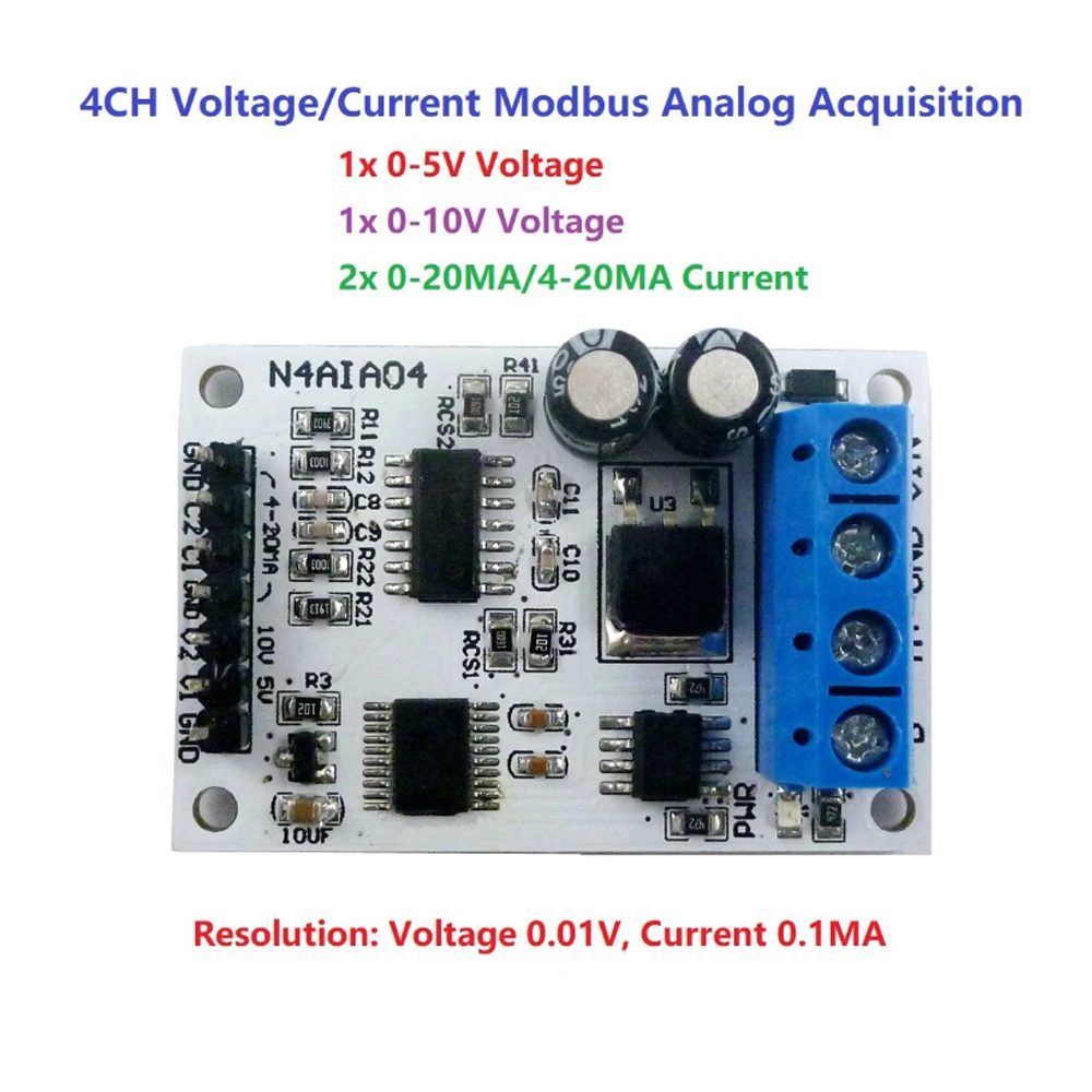 8-25v 4-20ma/0-20ma/0-5v/0-10v 4ch電圧アナログ取得rs485 Modbus rtu adcモジュール4チャンネル現在のコレクション