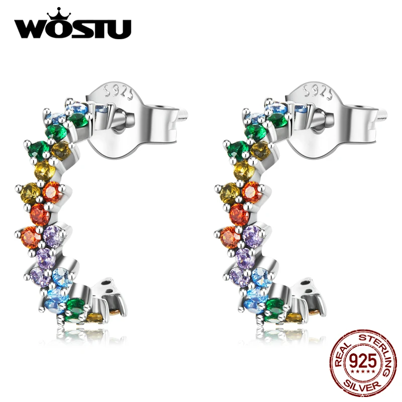 WOSTU 925 Sterling Silver Arch Colorful Zircon Rainbow Lightning Stud Earrings For Women Fashion Party Jewelry CQE1272