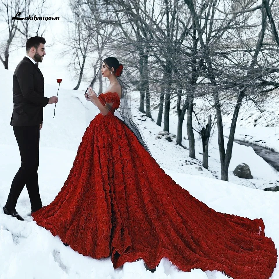 Luxury Red Lace Foral Wedding Dresses in Turkey Lakshmigown 2020 Dentelle Mariage Sexy Bridal Dress Wedding Gowns Long Train