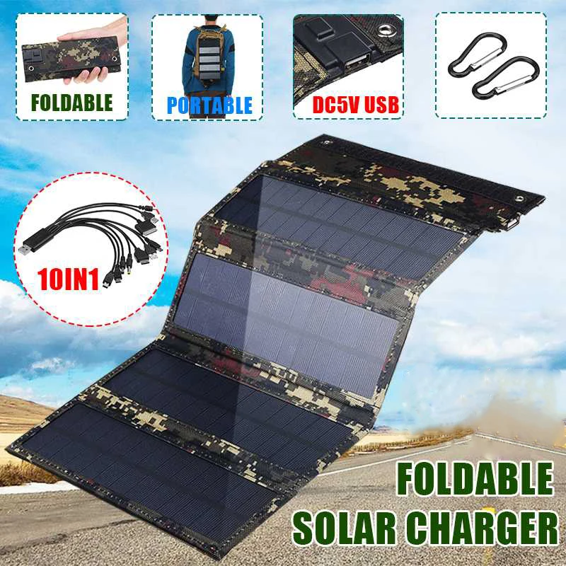 

Foldable Solar Panel 50W 5V Sun Power Solar Cells Bank Pack USB 10in1 USB Cable Waterproof for Camping Hiking Phone Backpack