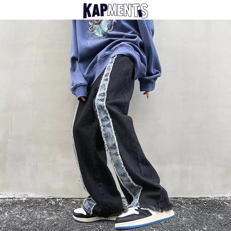 KAPMENTS Men Black Paisley Patchwork Jeans Pants 2023 Mens Baggy Wide Leg Denim Trousers Male Japanese Streetwear Korean Pants