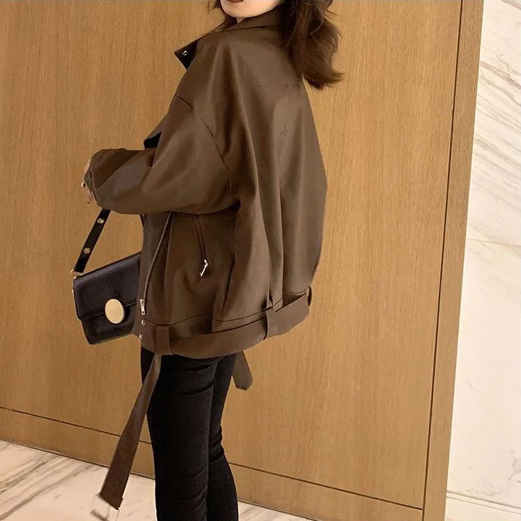 Brown Faux Leather Jacket With Belt Spring Autumn 2024 Korean Lapel Long Sleeve Black Biker Jacket Casual Streetwear Short Coat