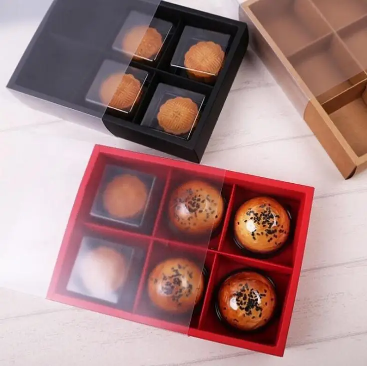 

100pcs/lot Transparent Black Red Brown Cake Box Dessert Macarons Mooncake Boxes Pastry Packaging Boxes