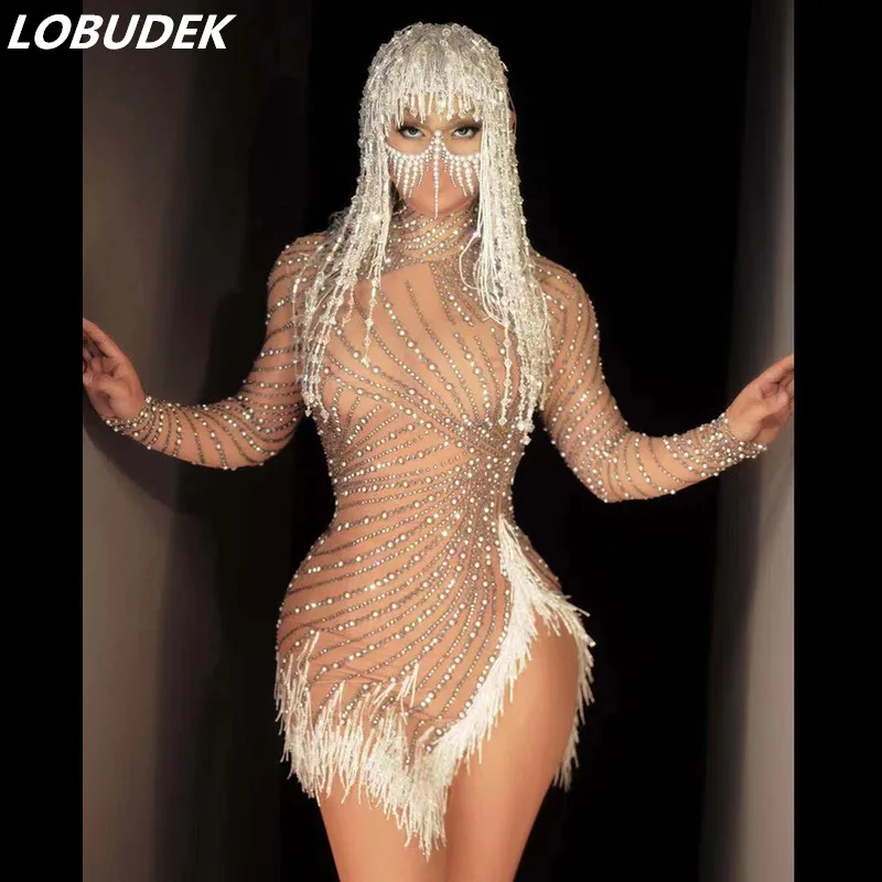 

Latin Dress Sexy Mesh Transparent Pearl Tassel Stretch Slit Long Sleeve Prom Birthday Party Outfit Women Singer Dancer Costume