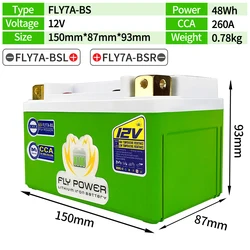 FLY7A-BS Replace YTX7A-BS LiFePO4 12V Motorcycle Battery Lithium iron Phosphate Scooter Batteries 12V 48Wh CCA 260A with BMS