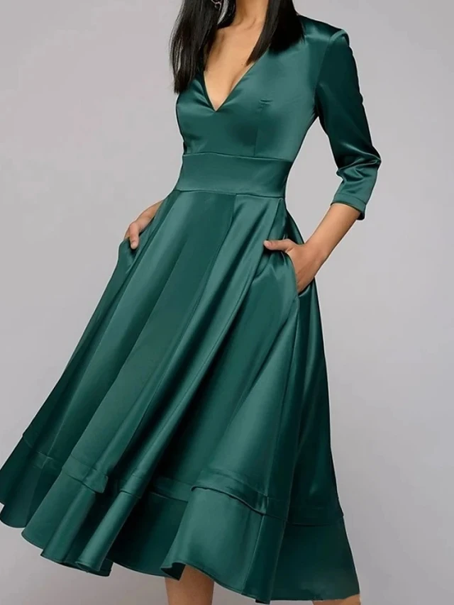 Robe De soirée en Satin vert foncé, col en V, plissée, longueur thé, Robe De bal élégante, 2021