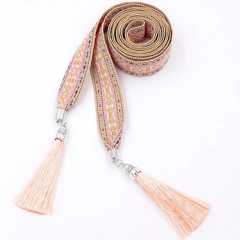 TEELYNN Boho Ethnic Chic Fabric Tassels Chains Belts Vintage Pink Bandage Waistband Casual Sashes Headwear For Women Waist Belt