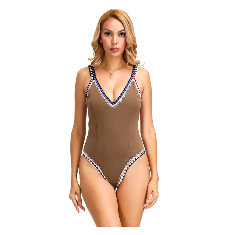 New Arrival Umber Color One Piece Swimsuit New Sports Sexy Swimwear Women Shoulder Strap Scoop Back Maillot