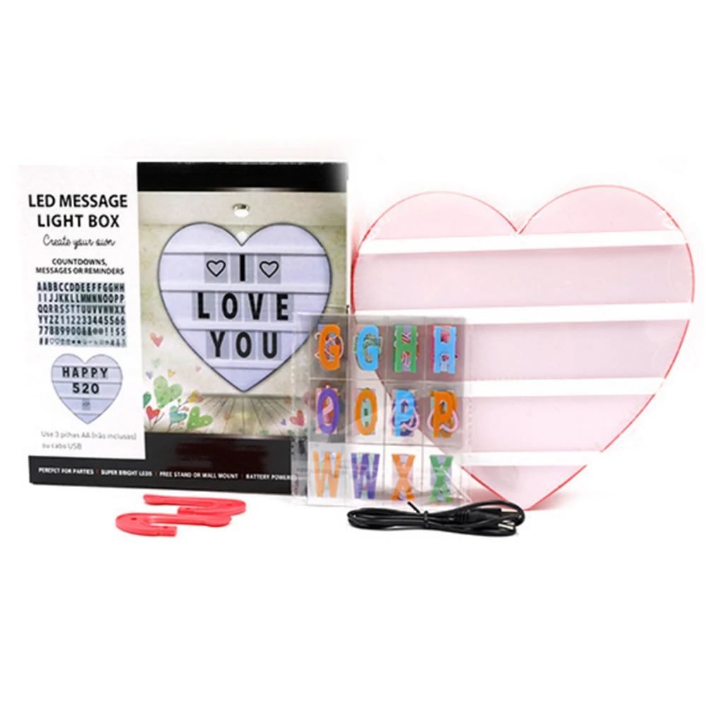 Veilleuse en forme de cœur avec boîte à LED, symbole des lettres bricolage, décoration de carte, USB, batterie 62, babillard, lampe de table