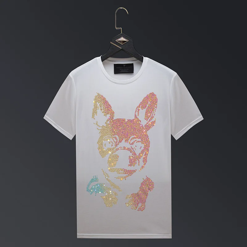 2024 Dogs Rhinestones T Shirts Men Brand Short Sleeve Fashion Man Streetwear O Neck Slim Modal Cotton T-shirt Male Plus Size 6XL