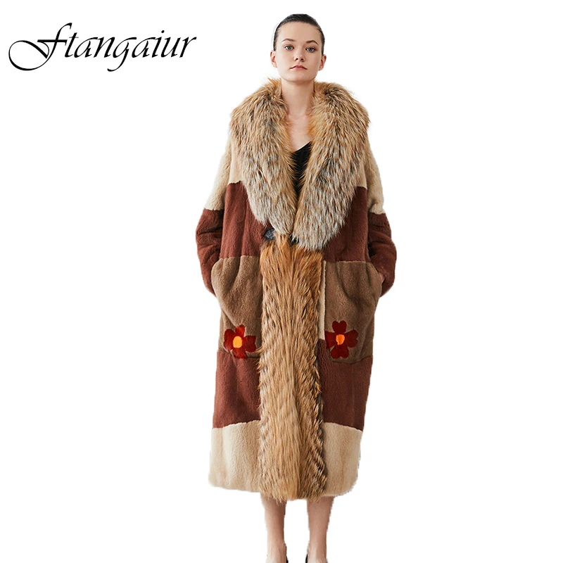 Ftangaiur New Winter Import Velvet Mink Coat With Fox Fur Collar Patchwork Mink Coat Women X-Long Real Natural Mink Fur Coats