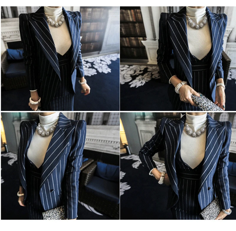 women\'s suits office  autumn winter Striped fashion business 2 piece suit skirt top women\'s suit with a skirt blazer set ladies