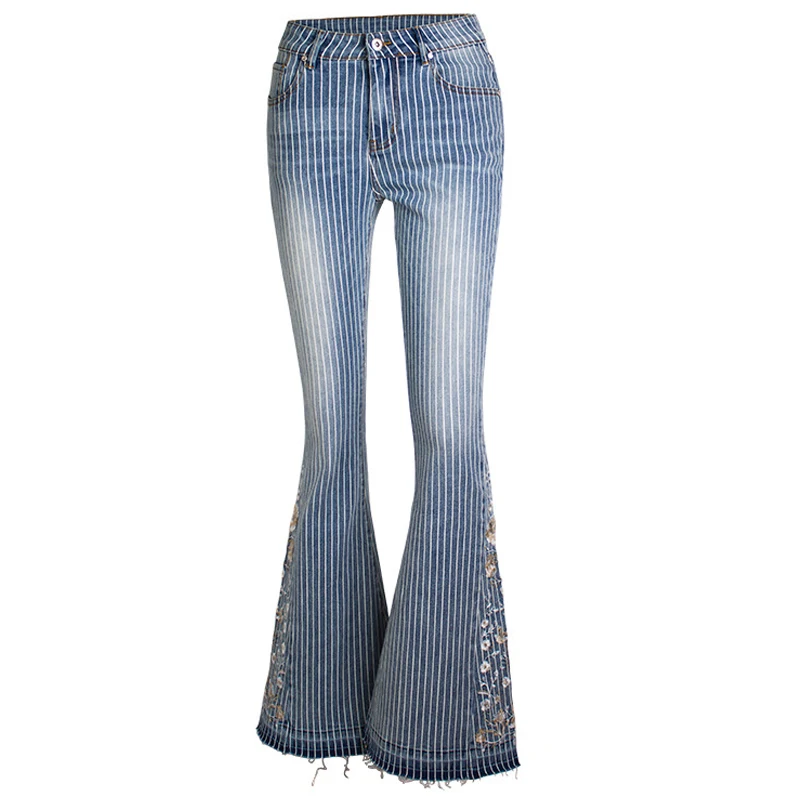 Stretch Flared Jeans Women Denim Pants Wide Boot Cut Fashion Striped Trousers Pinstripe Bell Bottom Embroidery Bootcut 3XL 4XL