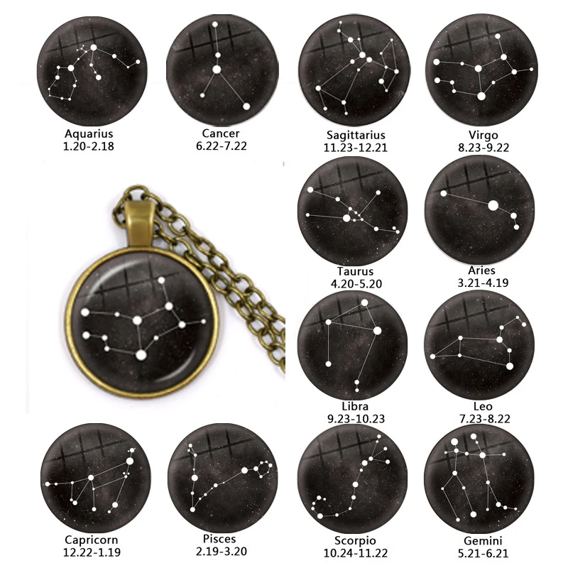 12 Constellation Zodiac Sign Antique Bronze Necklace Cancer Leo Virgo Libra 25mm Glass Cabochon Jewelry For Women Men Gift