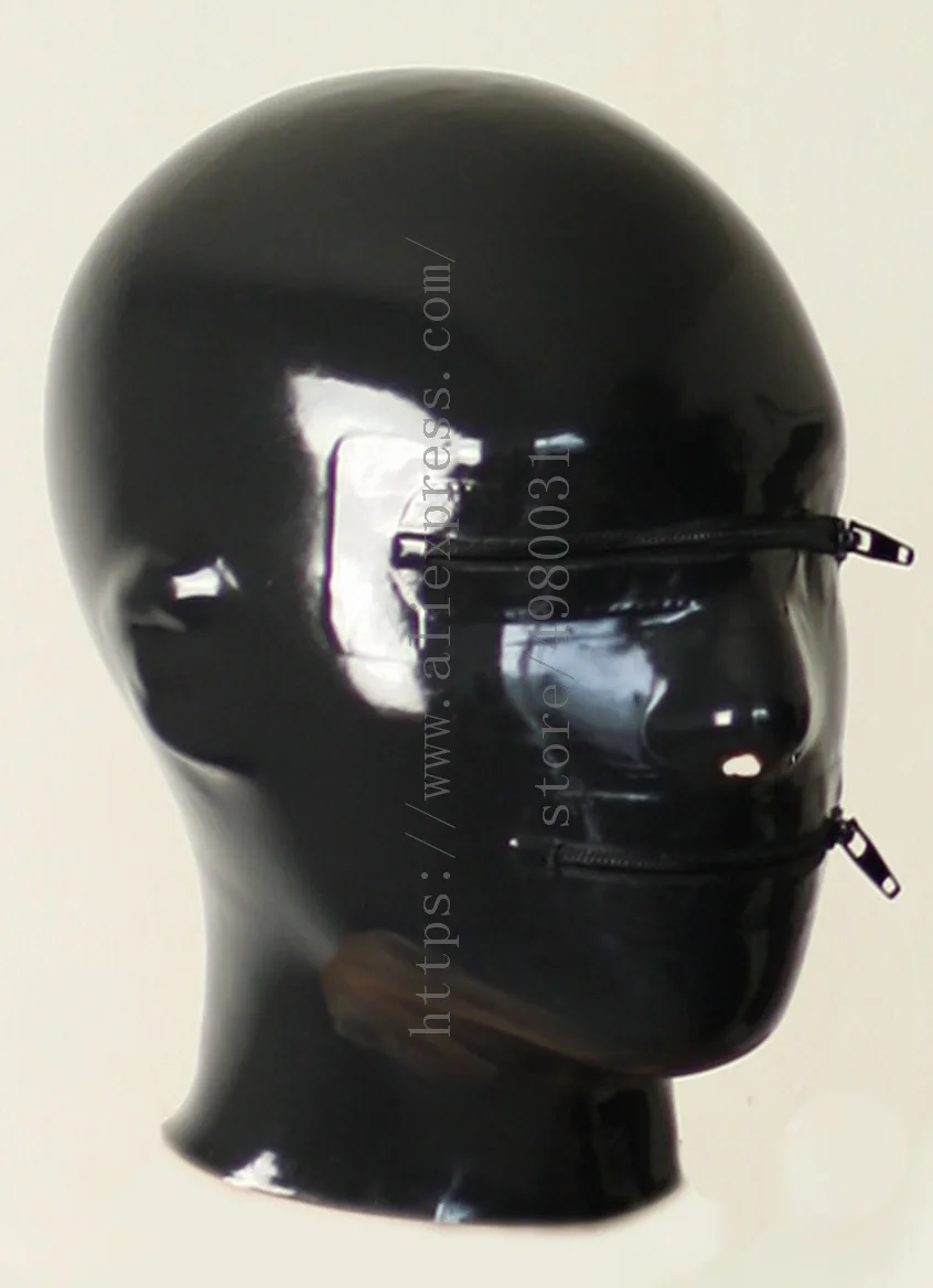 

Eyes & mouth zippers designs hood adults' latex mask open nostrils what is made of natural & flexible latex materials