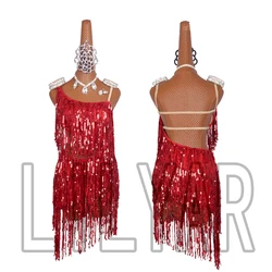 New Latin Dance  Competition Dress Performance Adult Red Sequin Short Dance Dress