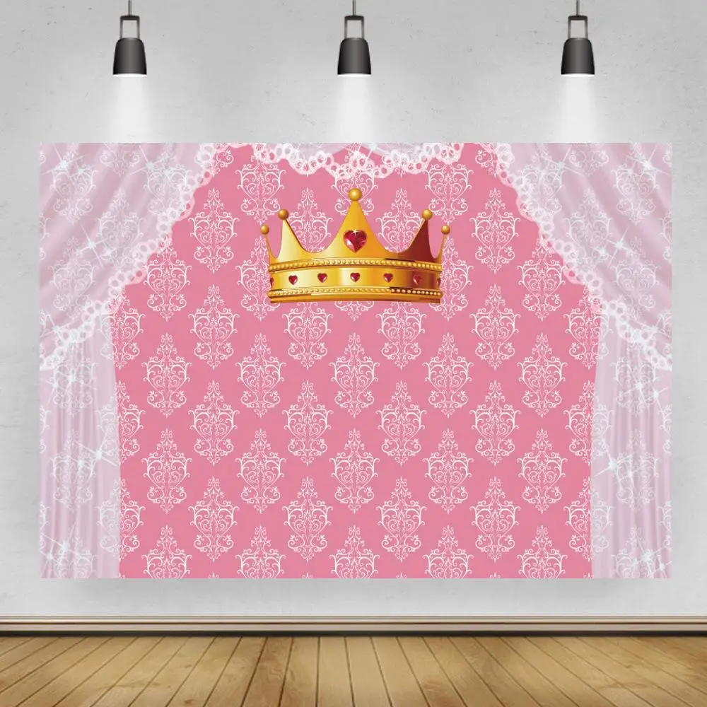 Pink Blue Golden Crown Newborn Baby Shower Backdrop Boy Girl Princess Birthday Damask Lace Curtain Custom Photography Background