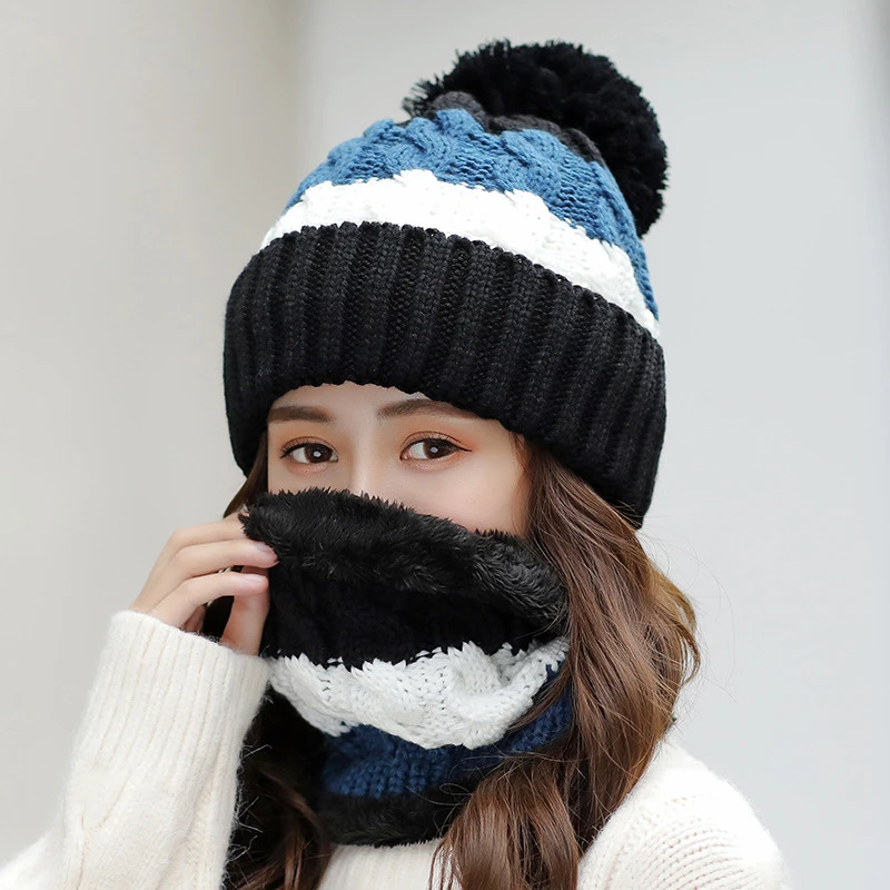 New Brand Winter Hats Women Thick Knit Warm Beanies Hat Bib Female Windproof Cycling Wool Stitching knitting Hedging Caps Sets 2