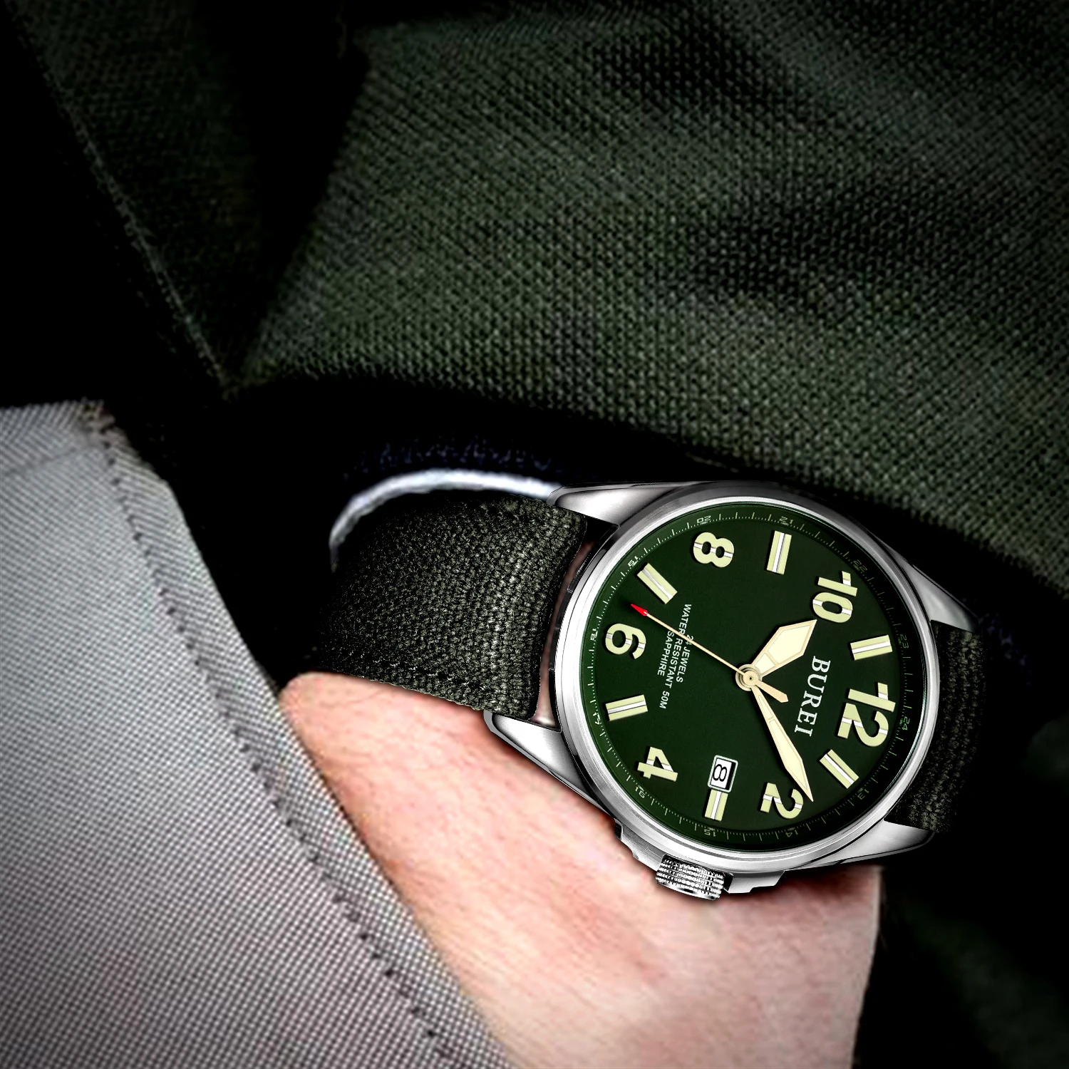 NH35 BUREI-Reloj Automático para hombre, cronógrafo Mecánico Militar de zafiro con correa de lona, informal, Masculino, 2020