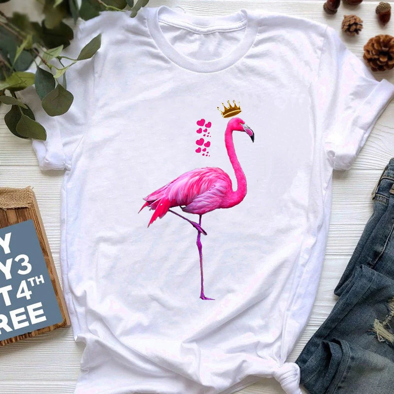 

Women Funny Harajuku T-shirt Summer Fashion Tshirt Women Flamingo Cartoon Print Female Tshirt 90s Short Sleeve Graphic Tees