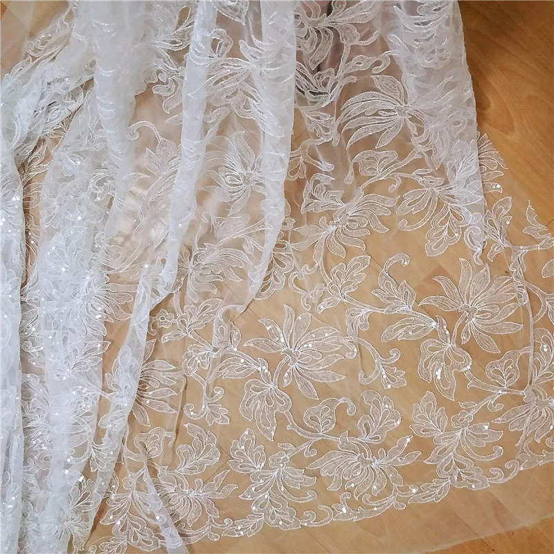 New Romantic Wedding Dress Children's Clothing Veil Fabric Sequins Embroidery Flowers Lace DIY Fabric by the yard