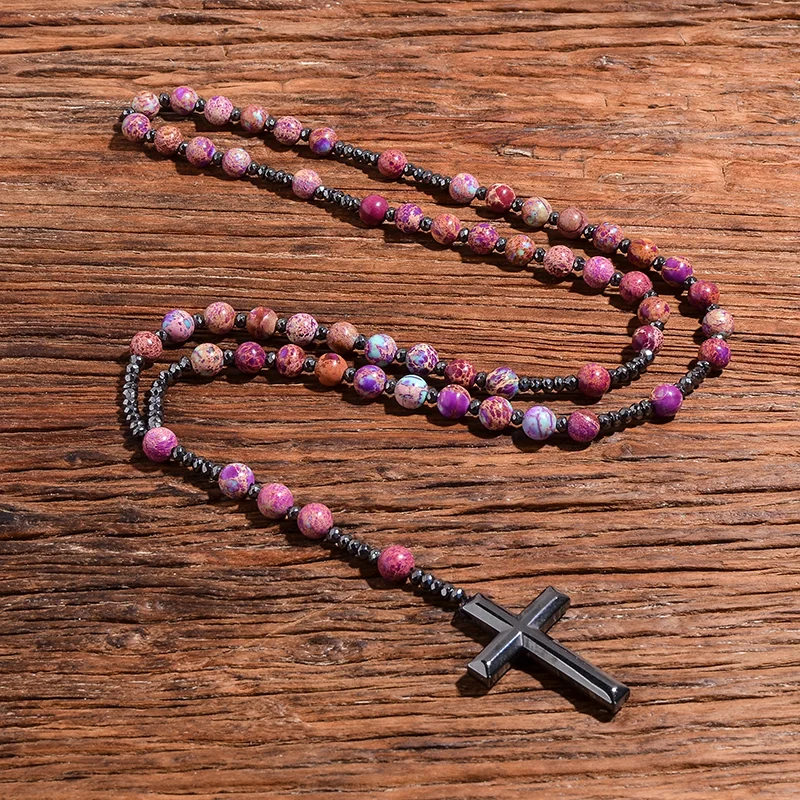 Natural Purple Emperor Jasper Catholic Christ Hematite Cross Pendant Necklace Meditation Mala Beads Rosary Men and Women Jewelry