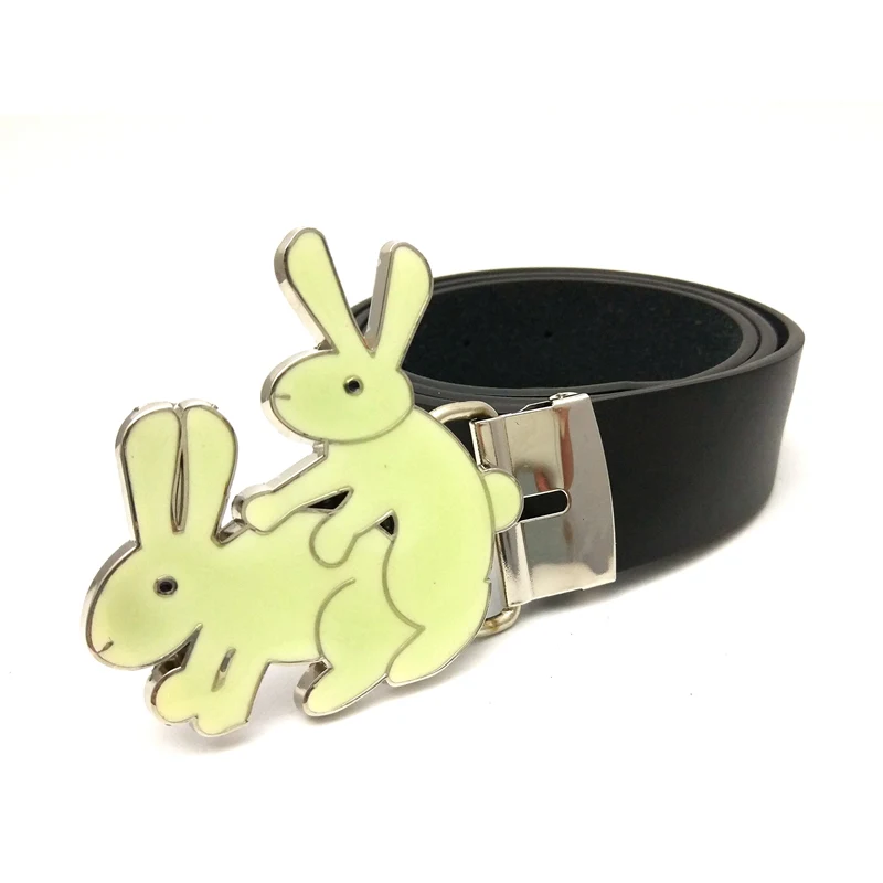 Novelty Personality Mens Belts Black Pu Leather 130cm with Noctilucent Rabbit Big Metal Belt Buckle Belts for Jeans Punk Boy