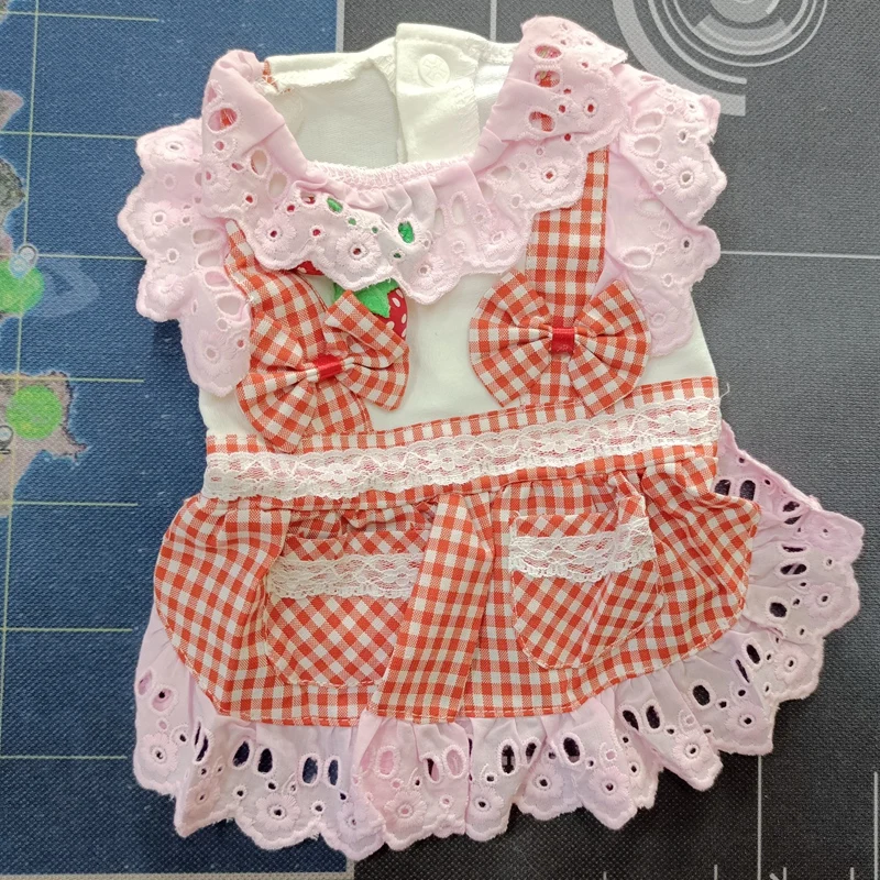 Plaid Strawberry Small Dog Clothes Summer Cotton Lace Girl Princess Pet Cat Maid Skirt Dresses Red Blue Outfit Chihuahua Yorkie