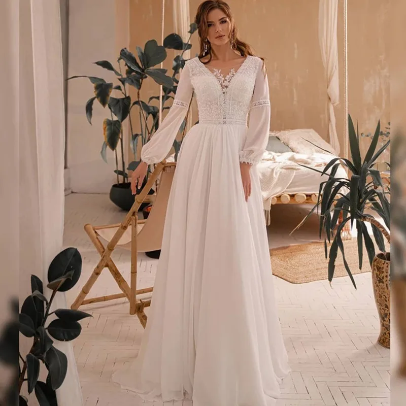 Robe de mariée en mousseline de soie à col en V transparent Boho, manches longues lanterne, appliques en dentelle, plis, robe de mariée simple A-ligne, dos nu, longueur au sol