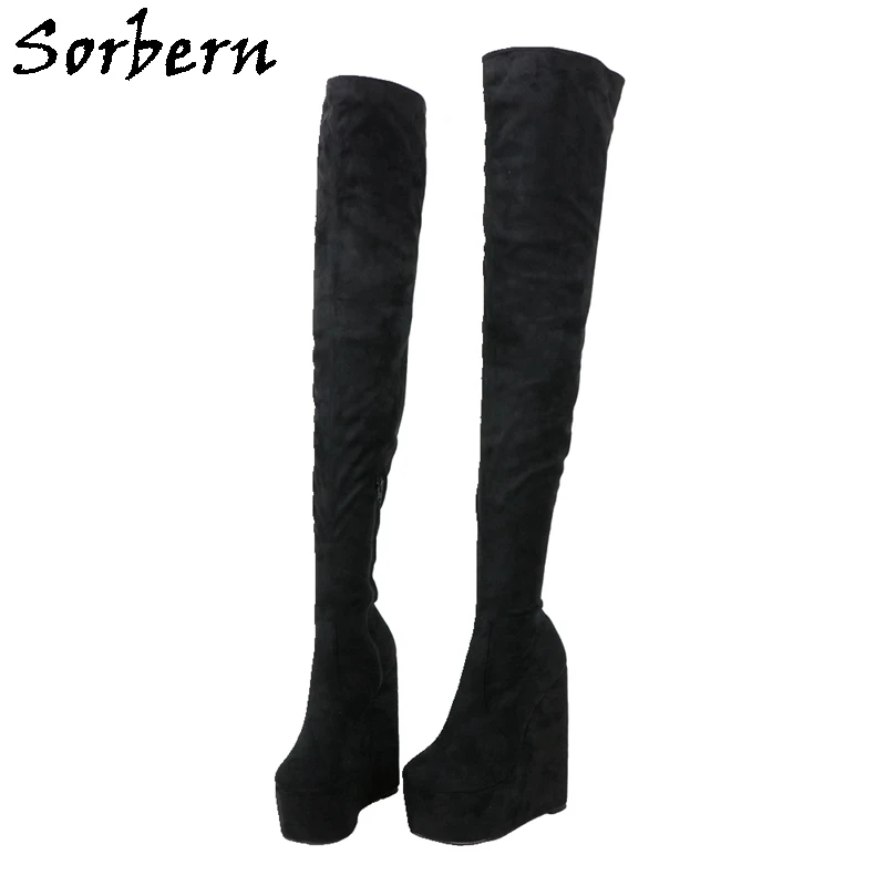 

Sorbern Черные длинные сапоги женские из искусственной замши на заказ эластичные женские ботинки с широкими штанинами или облегающие танкетки плюс размер EU33-48