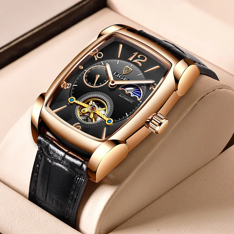 2023 Men Automatic Mechanical Watch Men Luxury Tourbillon Square Leather Sport Watch Luminous Moon Phase Waterproof Men Watches