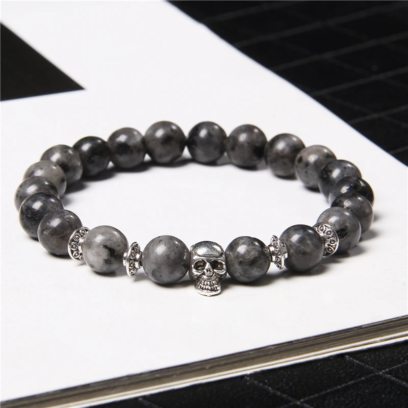 Natural Black Labradorite Stone Beads Bracelet 8mm Round Beaded Vintage Skull Head Charm Bracelet Men Lucky Jewelry for Female