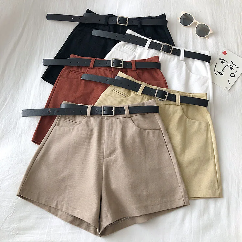 

Casual Sweet Solid Women Straight Shorts Summer Korean Female Button Fly Shorts Mujer Sashes Pockets Empire Mini Shorts