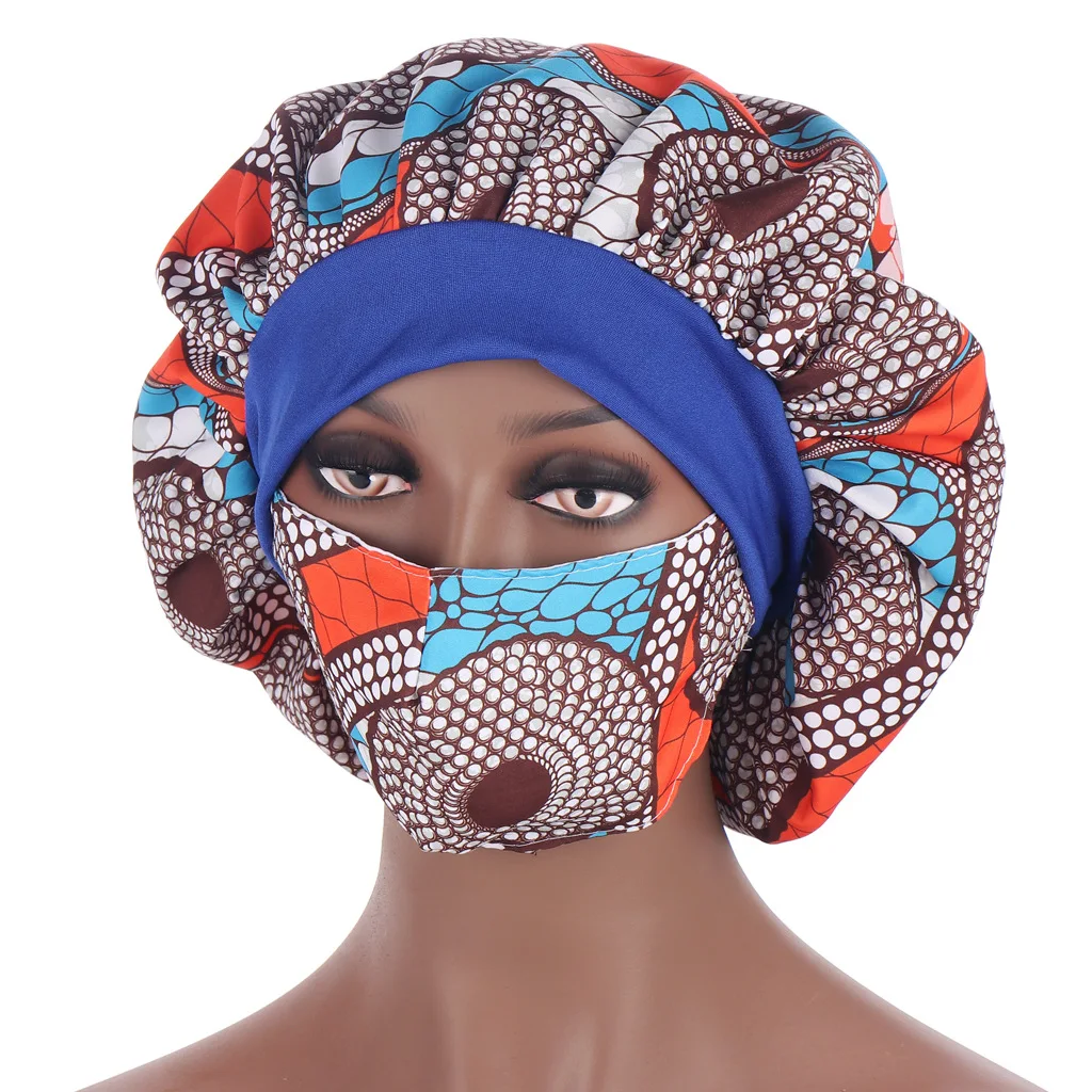 African Pattern Print Satin Bonnet Hijabs Hat Women Night Sleep Cap with Mask Turban Extra Large Head Wear Lady Head Wrap Hat