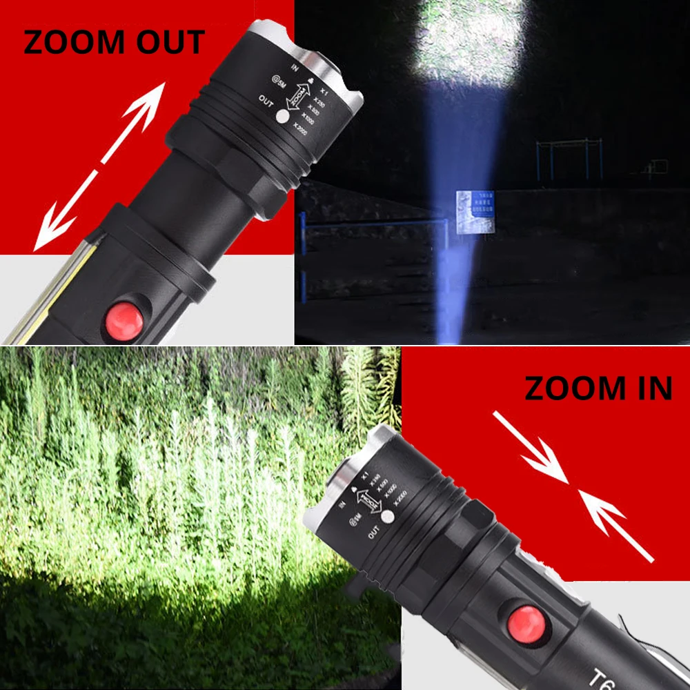 Powerful T6 LED Flashlight COB Work Light with Magnet USB Tactical Torch 4 Modes Waterproof Fishing Lantern 18650 Zoom Lamp