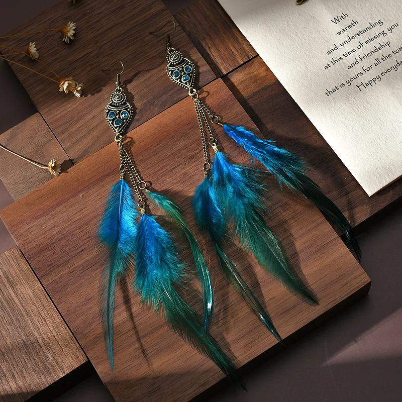 Boho Long Retro Feather Exaggerated Earrings Women Thailand Indian Drop-shaped Rhinestone Chain Tassel Earrings Wedding  Jewelry